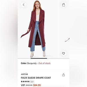 NWT JustFab burgundy suede draped trench coat with belt